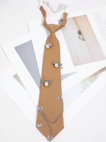 1pc Y2K Hot Girl Style Khaki No-Tie Necktie With Rhinestone Bee, Faux Pearl, Eyelet And Chain, Niche JK Shirt Accessory - Multicolor - View 6