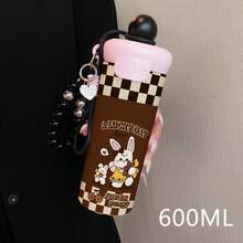 1PC 600ML Stainless Steel Thermal Cup With Leopard Print Label, Checkered Rabbit, And Checkered Little Bear Patterns, Double-Use Coffee Cup, Portable Straw Cup, Lanyard Thermal Cup, Suitable For Office, School, Or As A Gift For Holidays/Birthdays - Multicolor - View 2