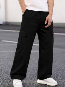 1pc Teen Boys Lightweight Cooling Versatile Straight Leg Multi-Pocket Long Pants, Spring/Summer/Autumn Back To School Season - Black - View 5
