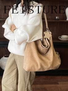 FEISTURE 1件裝麂皮大容量腋下包女款單肩波希米亞風手提包，適合女孩、女性、大學生、職場新人與上班族，通勤、商務、工作、上學使用 - 卡其色 - 查看 8