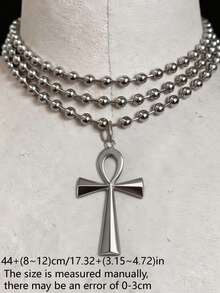 1pc Fashion Punk Style Cross Silver Beaded Multi-Layer Necklace, Suitable For Women's Daily, Party, Music Festival Wear - Silver - View 3