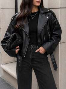 Women's Oversized Faux Leather Biker Jacket With Belt, Zip Detail & Drop Shoulder - Multicolor - View 3