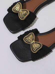 Flat Slides, Versatile Square Toe With Metal Bow & Woven Strap Decor, Summer Casual Outdoor Indoor Beach Sandals - Black 3 - View 3