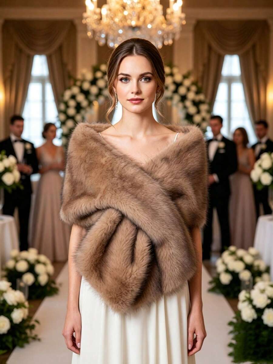 1PC Faux Fur Bridal Shawl Collar Autumn Winter Cape Banquet Wedding Dress Scarf - Two-tone Brown - View 1
