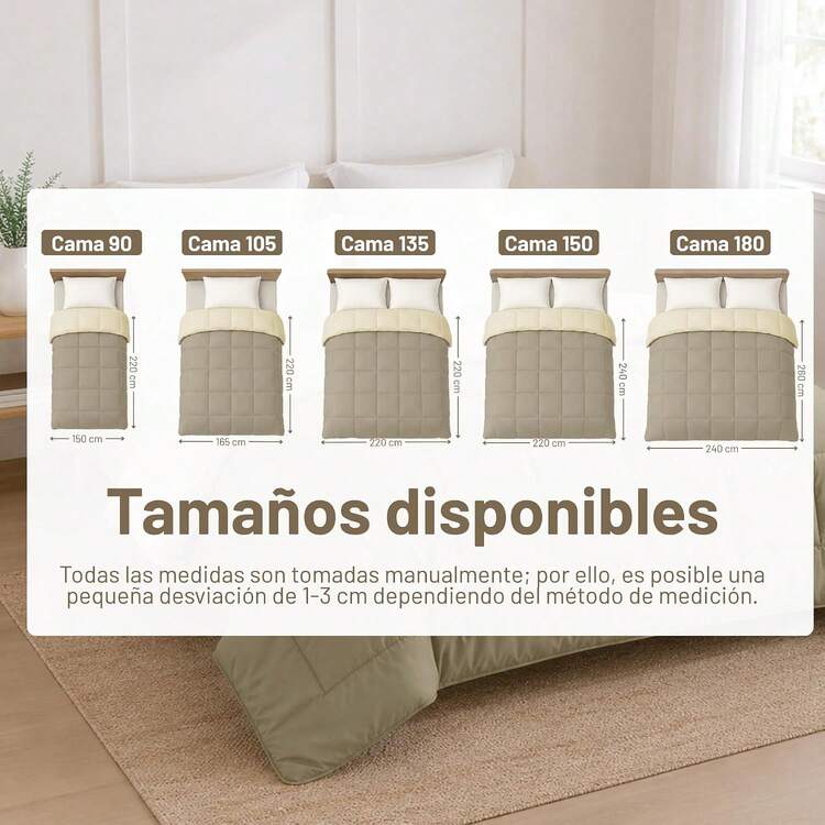 Shoppe house - Edredón de Fibra 170/300 gr/m2 - Edredón Relleno Nórdica Reversible de Dos Colores, Suave, Transpirable, Ligera, 100% Poliérster - 300gr/M² - Beis - Ver 2