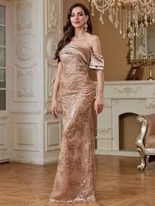 XUIBOL Elegant Sequin Patchwork Design Backless Dress, Suitable For Cocktail Parties, Formal Dinners, Weddings And All Seasons, Back Zipper Backless Design - Champagne - View 6