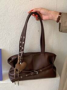 Belt Buckle Decoration Shoulder Tote Bag, Paired With Heart-Shaped Woven Hanging Decoration, Simple Retro, Suitable For Commuting, Daily Travel - Coffee - View 8