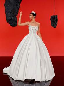 HEARBOBO Elegant White Wedding Dress, Sleeveless A-Line Long Gown With Exquisite Beaded Details, Creating A Fairy Tale Wedding Celebration Fall - White - View 5
