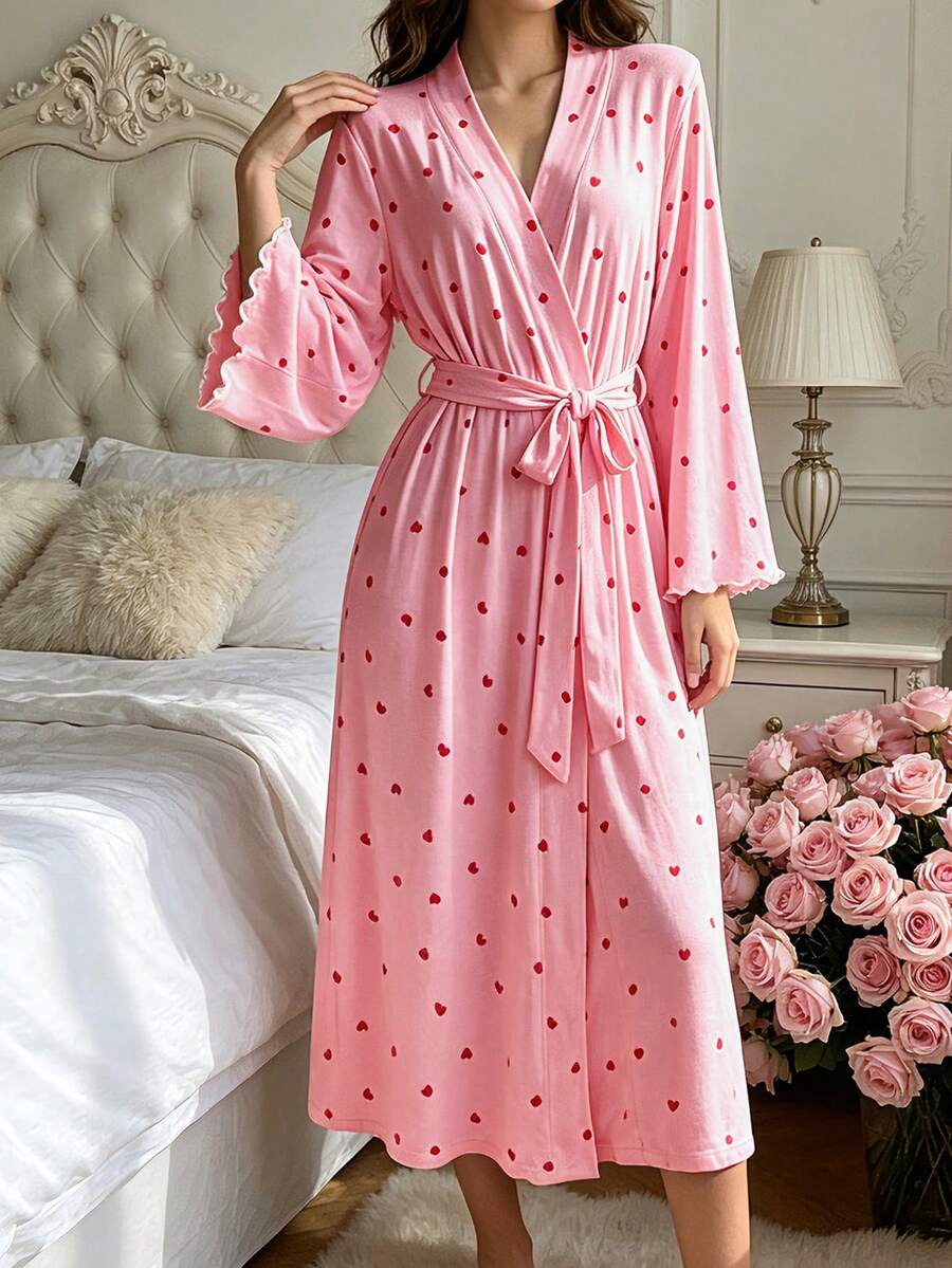 Elegant Pink Comfortable Loose Flared Sleeve Long Bathrobe For Teen Girls,Full Of Heart-Shaped Patterns And Waist Belt,Suitable For Daily Home Wear - Pink - View 1