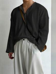 亨利领华夫格针织长袖防晒T恤，男士款，轻盈透气，休闲美式风格打底衫，四季皆宜。 - 黑色 - 查看 8