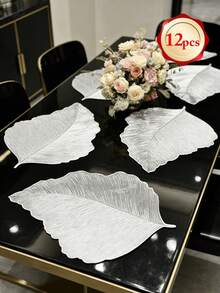 1-12pcs Gold Leaf Vein Heat-Insulated Placemats, Vintage Luxury PVC Asymmetrical Leaf Shape Waterproof Table Mats For Wedding, New Year, Family Gathering Table Decor - Multicolor - View 16