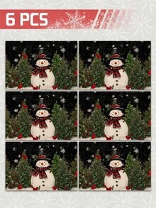 1/4件/6入組聖誕餐墊，雪人／松樹／紅雀元素桌墊，耐熱仿亞麻聚酯纖維材質，長方形可水洗桌墊，適合家庭晚餐、咖啡桌，耐用廚房與餐廳裝飾，派對與場景布置家居裝飾 - 彩色 - 查看 14