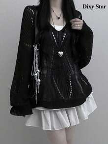 Slouchy Loose Hollow Out Thin Long Sleeve Knit V-Neck Cover-Up Top Black Fall - Black - View 9