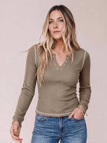 Women Casual Khaki Fall Ribbed Long Sleeve Tee, Notch Neck Contrast Stitch Slim Daily Outfit - Coffee Brown - View 4
