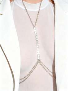 1pc Sexy Women's Body Chain, Multi-Layer Crystal Crossed Bikini Bra Body Jewelry, Summer Beach Resort Crystal Belly Button Waist Chain - Silver Rhinestone Cross - View 2