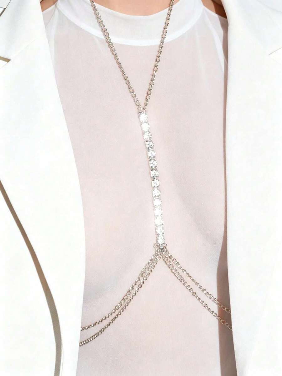 1pc Sexy Women's Body Chain, Multi-Layer Crystal Crossed Bikini Bra Body Jewelry, Summer Beach Resort Crystal Belly Button Waist Chain