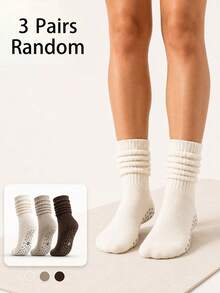 3/6 Pairs, Random Colors,Women's Pilates Grip Socks, Non-Slip Ribbed Slouch Crew Socks For Yoga, Barre & Home Workouts - Multicolor - View 9