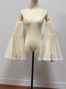 1 Pair White Mesh Lace Trim Bridal Arm Sleeves, Detachable Elastic Long Bell Sleeves - Multicolor - View 5