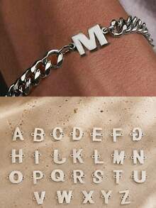 ZCNC 1pc Men's Versatile Uppercase English Letter Stainless Steel Bracelet, Waterproof, Suitable For Daily Wear, Parties, Gifts For Family And Friends - Silver - View 23