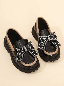 Girls' Shiny Colorblock Pearl Rhinestone Bow Loafers, Thick Sole Non-Slip British Style Princess Shoes - Black - View 1