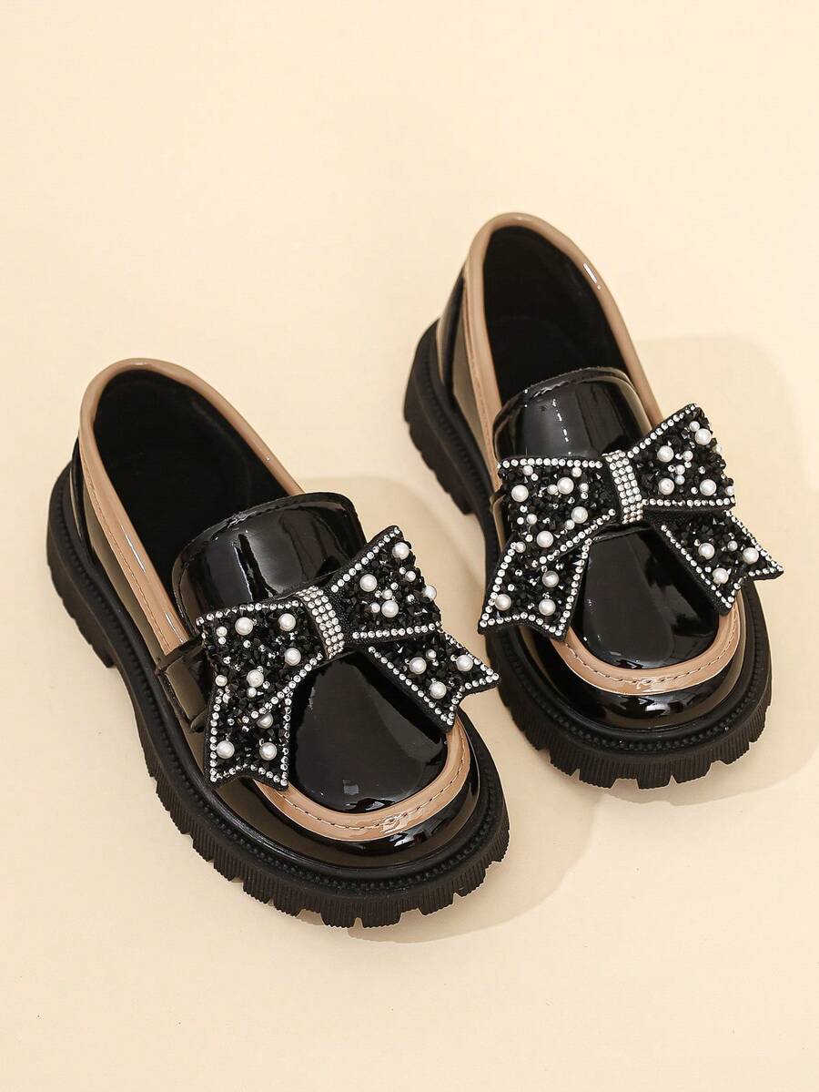 Girls' Shiny Colorblock Pearl Rhinestone Bow Loafers, Thick Sole Non-Slip British Style Princess Shoes - Black - View 1