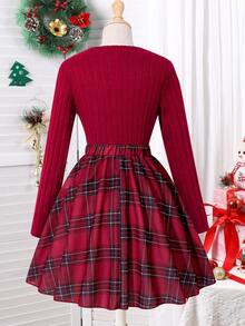 Tween Girls Plaid Skirt Set, Hollow Round Neck Long Sleeve T-Shirt + Pleated Mini Skirt, 2pcs Set, Back To School Christmas Holiday Preppy Style Outfit - Burgundy - View 3