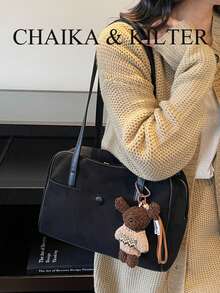 CHAIKA & KILTER 1件裝純色麂皮布料女款復古時尚啞光保齡球包，對比色絎縫縫線，雙手柄設計，拉鍊開合，適合日常與外出使用（附吊飾） - 黑色 - 查看 6