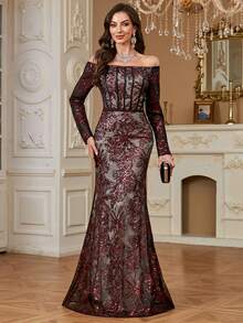 hezixi Elegant Luxury Embroidered Lace Sequin Beaded Floral Design Sheer Long Sleeve Dress Party Wedding Fall - Burgundy - View 5