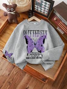 Girls' Personalized Butterfly Print Crew Neck Sweatshirt And Casual Wide Leg Pants 2-Piece Set, Suitable For Autumn/Winter, School, Shopping And Sports - Grey - View 5
