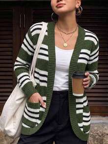 Cardigan Wanita Motif Garis Hijau Musim Gugur/Dingin, Dengan Saku, Lengan Panjang, Bagian Depan Terbuka, Gaya Liburan - MultiWarna - View 3