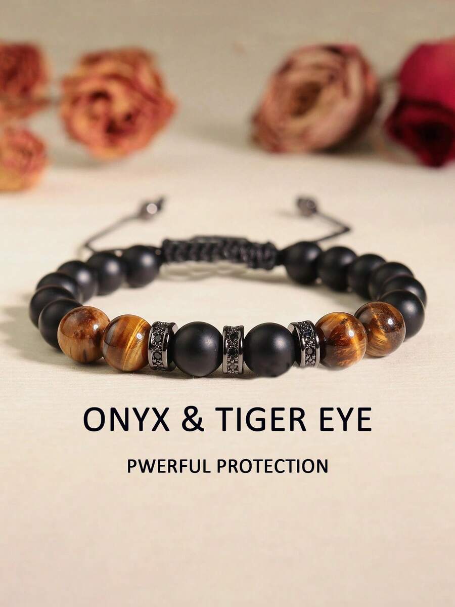 Men's Black Onyx & Tiger Eye Natural Stone Adjustable Bracelet, Spiritual Healing Protection Powerful Jewelry, Gift For Him, Best For Husband, Dad - Multicolor - View 1