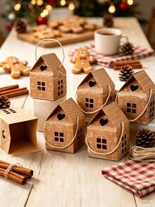 12pcs Christmas House Shaped Kraft Paper Gift Boxes With Portable Rope Handles, Vintage Christmas Print Foldable Gift Packaging Boxes, Holiday Party Favor Containers, Christmas Table Decor And Gift Wrapping Supplies - Multicolor - View 9