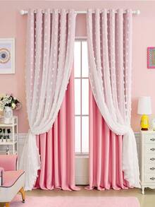 1pc Double Layer Blackout Curtain With Metal Rings, Available In Beige, Pink, Grey, Dark Grey And Green, Featuring Double Layer Insulation Effect, Metal Rings At Top For Easy Hanging, Suitable For Living Room, Bedroom And Office Holiday Decoration, All Season Use - Pink - View 4