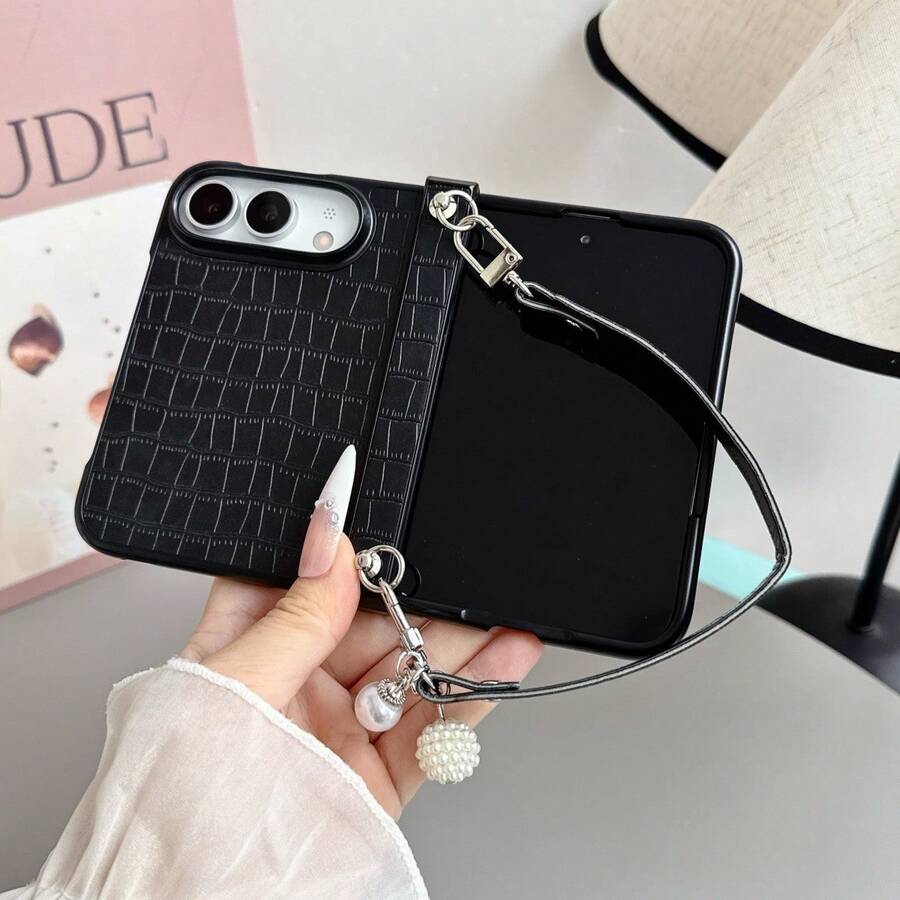 1pc Boys Girls Phone Case, Popular Fashion High-End Minimalist Design Crocodile Texture Hinge Same Style Hand Strap, Compatible With Apple Protective Case, Folding Phone Case, Lightweight, Shockproof, Anti-Slip, Smart Phone Case, Compatible With IPhone Ultra