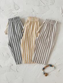 3Pcs/Set Baby Toddler Khaki White Vertical Striped Elastic Waist Drawstring Wide Leg Pants Summer Breathable Casual Children Long Pants - Multicolor - View 4