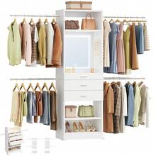 HaluPeit 4-9.8FT Closet System With LED Smart Mirror, Walk-In Closet Organizer System Wooden Storage Systems With 3-Color Dimmable Touch Mirror, 4 Hang Rods, 3 Drawers & 2 SHELF, White - White - View 6