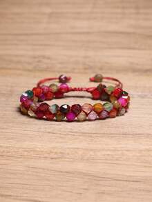 gxtbw 6mm Faceted Natural Red Agate Wine Red Gemstone Double Strand Braided Bohemian Style Bracelet, Meditation Healing Crystal Jewelry, Gift For Women And Men - Greenstone - View 11