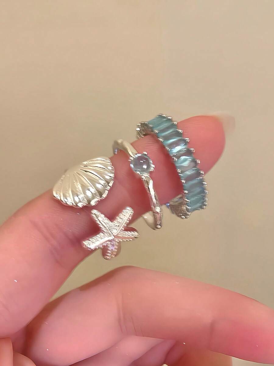 3pcs/Set Ocean Style Shell & Starfish Rings For Women, Fresh Blue Zirconia Open Adjustable Finger Rings, Niche Beach Layered Jewelry - Multicolor - View 1