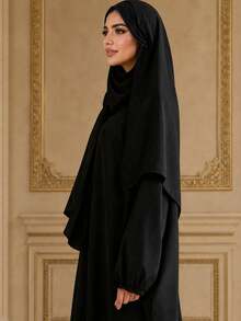Solid Color One-Piece Hooded Abaya, Cuffed Puff Long Sleeve Abaya, Middle Eastern Women Prayer Cover-Up - Black - View 2