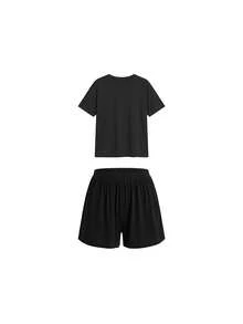 Ocili 休閒舒適滑順垂墜夏季彈性腰純色黑色短褲居家服睡褲/上衣/長褲 - 黑色 - 查看 22
