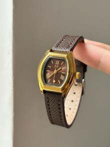 1件咖啡棕色錶盤可調式PU錶帶咖啡色石英手錶，時尚優雅，配有混合刻度，適合日常配戴 - 咖啡棕 - 查看 1