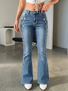 Celana Jeans Flare Bordir Bunga Retro Musim Gugur, Celana Denim Wanita Pinggang Sedang, Model Slim Fit, Potongan Lonceng yang Menawan - Light Wash - View 3