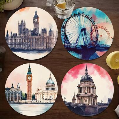 4pcs London Landmark Wooden Coasters, Watercolor Big Ben & London Eye Pattern Round Cup Mats, Heat-Resistant Anti-Slip Anti-Scald Coasters For Home, 10cm Desktop Coasters