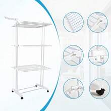 Shoze Foldable 3‑Tier Stainless Steel Laundry Drying Stand, Mobile Clothes Rack With Side Wings And Built‑In Wheels - White - View 5