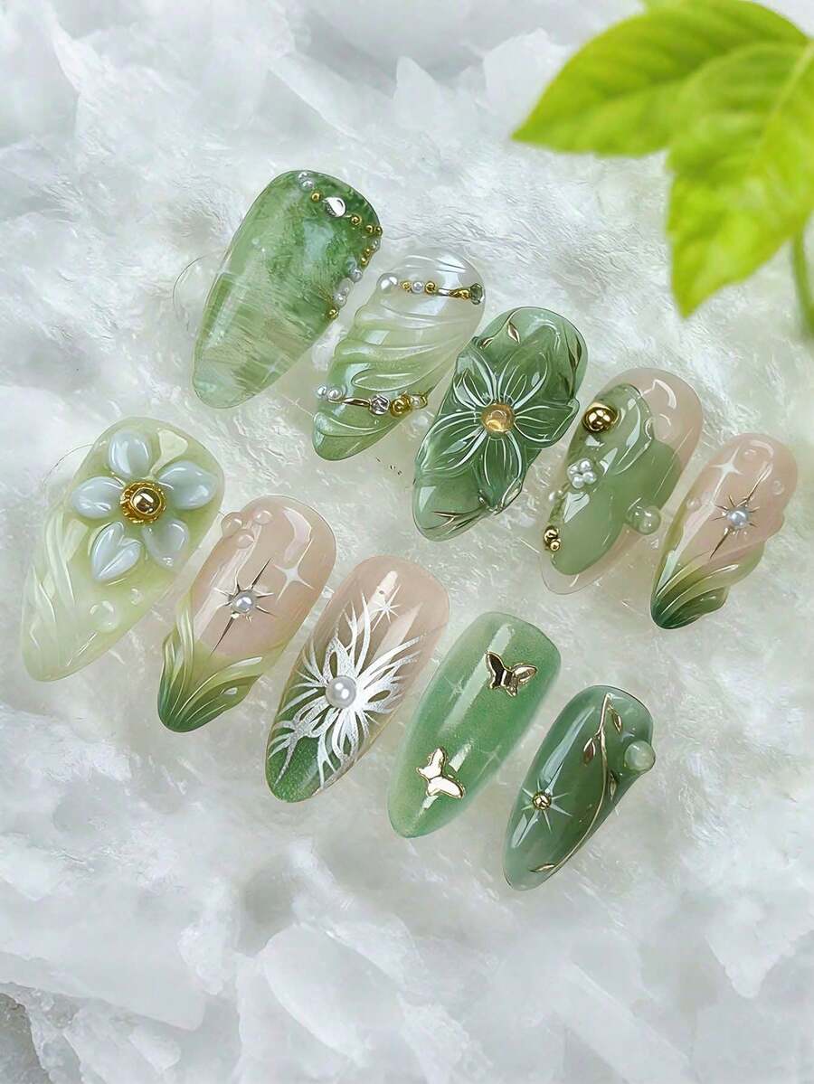 10pcs French Gradient Green 3D Floral Ripple Rhinestone Butterfly Design Y2K Fresh Glossy Full Coverage Fake Nails, Suitable For Spring Daily Wear