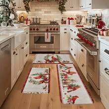 1/2/3pcs Christmas Theme Kitchen Rugs, Flannel Kitchen Mats, Comfortable Soft Absorbent Non-Slip Machine Washable With Non-Slip Backing, Christmas Red Cardinal Pine Cone Wreath Pattern, Suitable For Doorway, Living Room, Bedroom, Kitchen, Dining Room, Bathroom, Laundry Room, Entryway, Multi-Functional Home Holiday Decor Mat - Multicolor - View 5