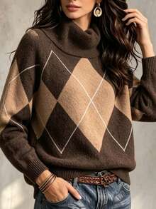 Plus Size Casual Fashion Colorblock Argyle Long Sleeve Knit Pullover Sweater - Brown - View 8
