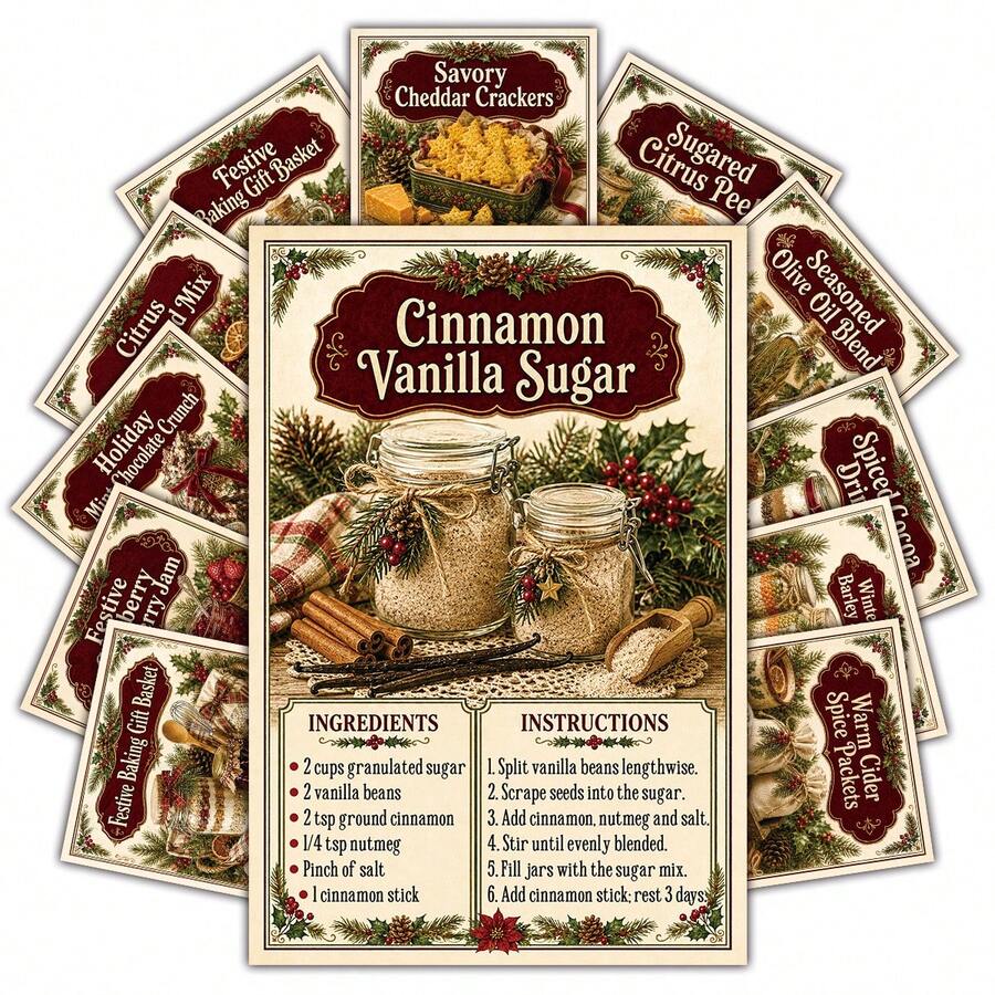 20pcs Vintage Christmas Recipe Postcards, Illustrated Christmas Food Recipe Wall Collage Set, Suitable For Home Kitchen Decor, Wall Decor Mini Posters, Holiday Recipe Cards, Perfect For Scrapbooking And Gifting