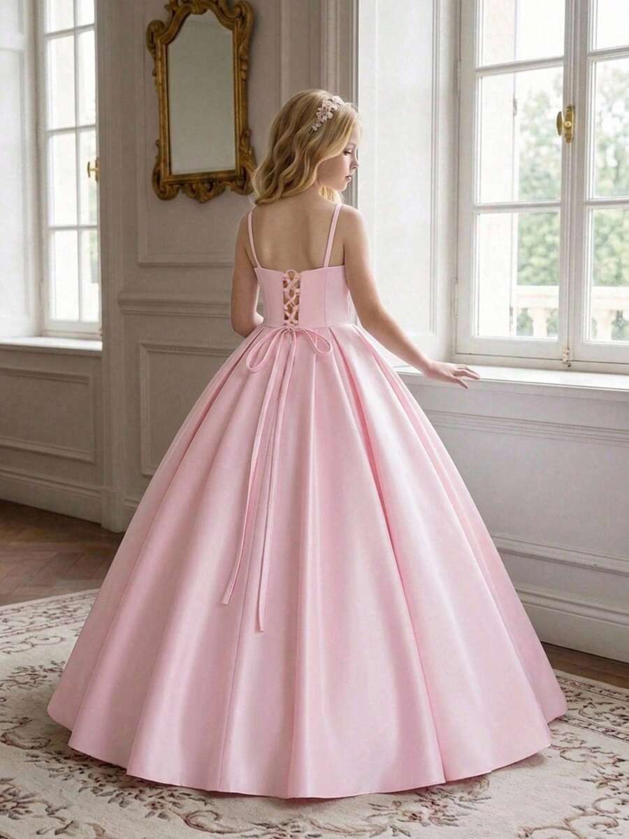 Tween Girls Solid Color Spaghetti Strap Backless Tie-Back Satin Elegant Flower Girl Evening Dress Suitable For Party, Headband Not Included - Dusty Pink - View 1