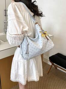 2026新款女款單肩包，小眾設計，大容量，通勤休閒百搭極簡時尚斜挎包，PU紋理波點設計，拼色設計，舒適面料，拉鍊開合手提包，後背包，舒適手提，多個拉鍊口袋，側內袋，大空間容量，附吊飾秋季托特包 - 藍色 - 查看 2